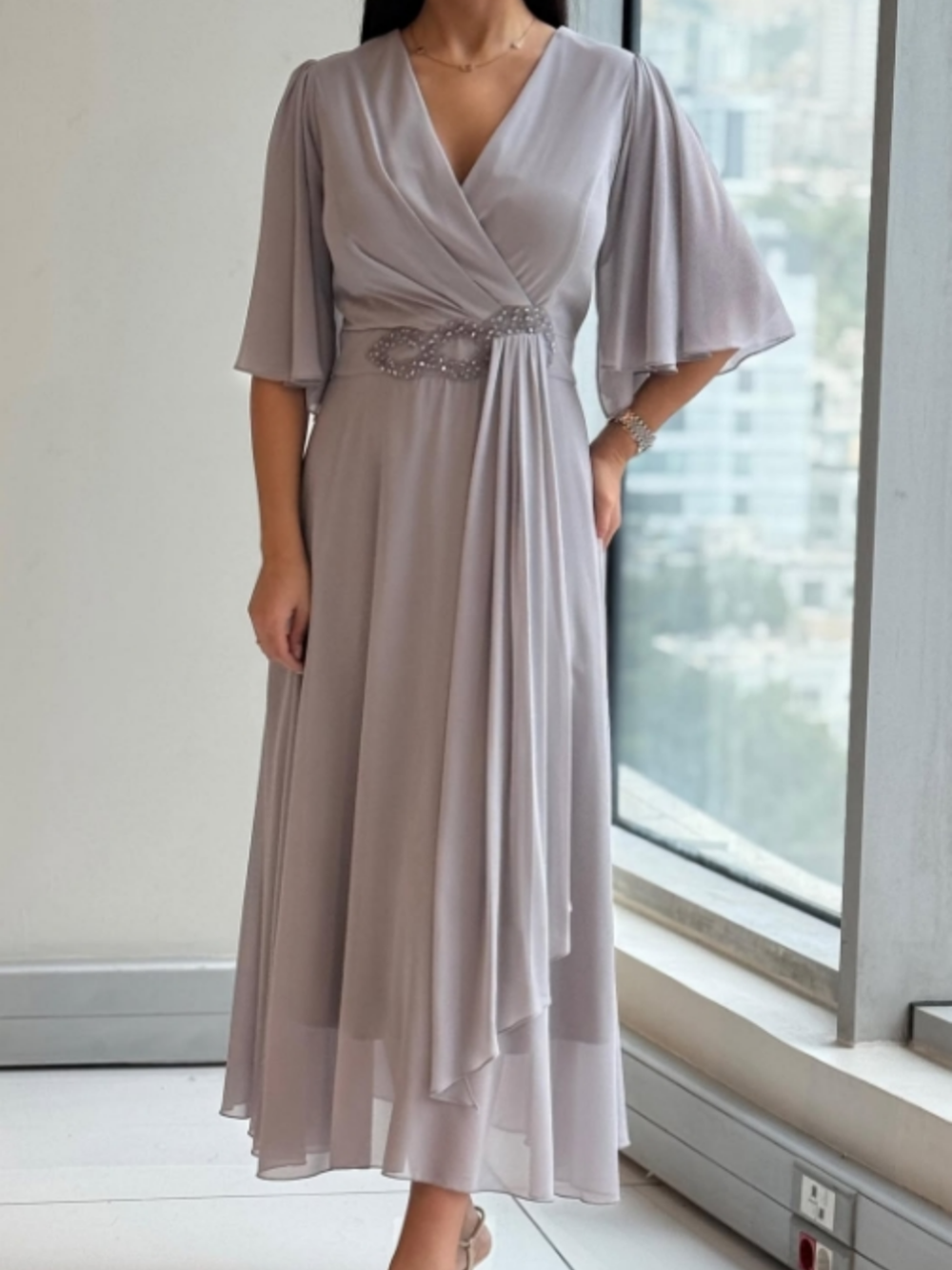 MODEGEIST Damen Maxi-Kleid V-Ausschnitt Fließend