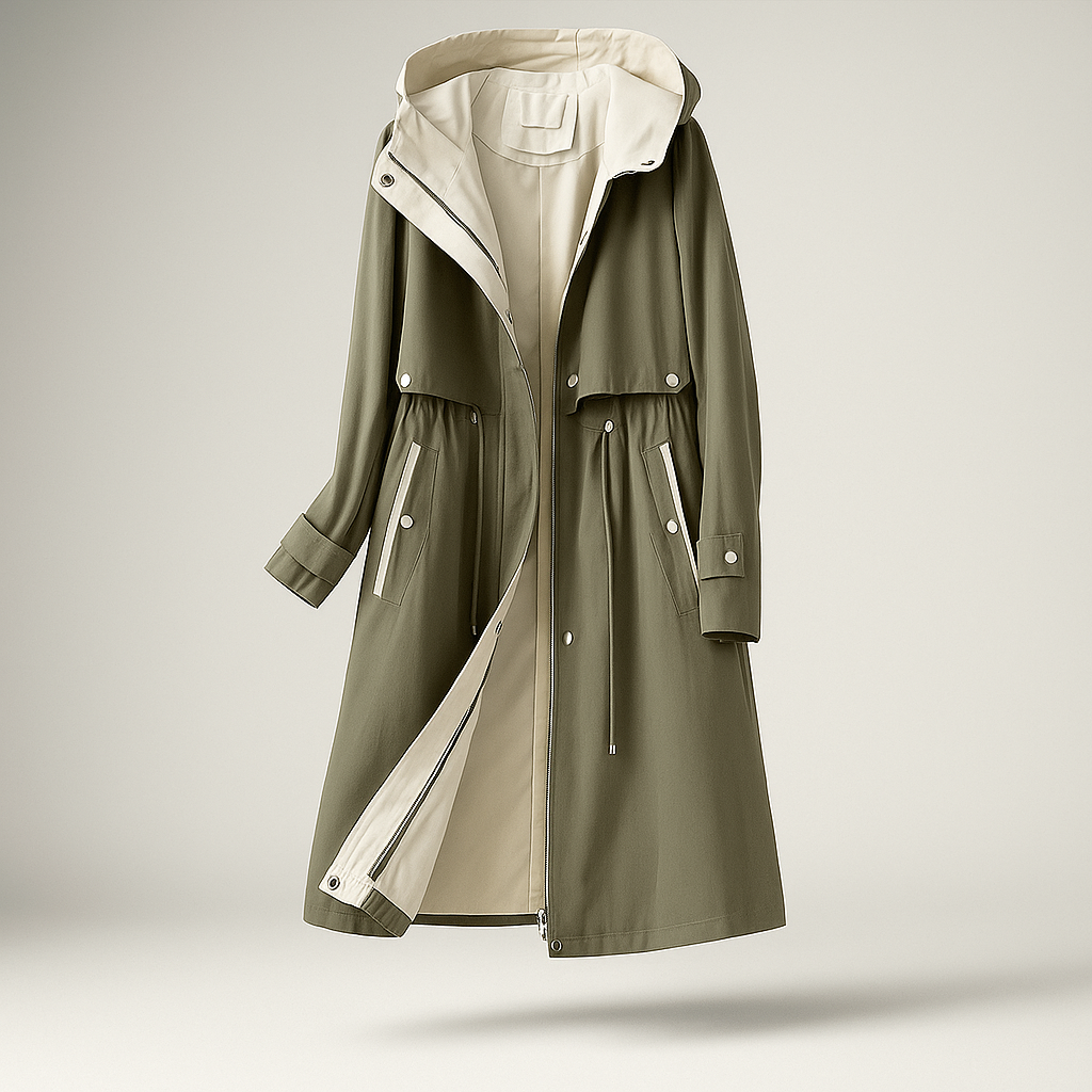 ModeGeist | Langer Trenchcoat für Damen mit verstellbarer Kapuze Isolde