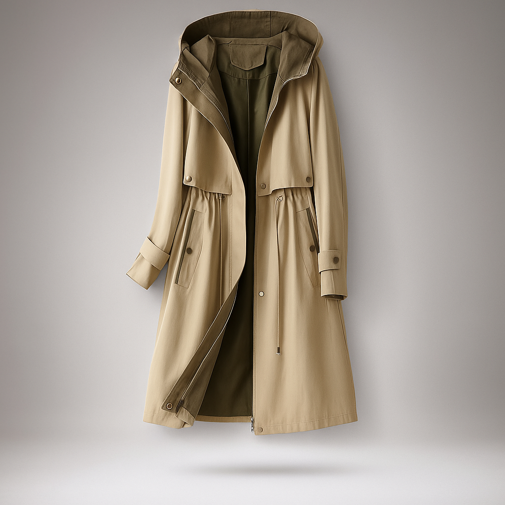 ModeGeist | Langer Trenchcoat für Damen mit verstellbarer Kapuze Isolde