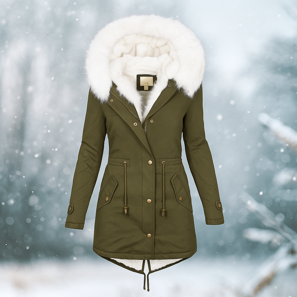 ModeGeist | Eleganter Wintermantel mit Kapuze aus Kunstfell Paula