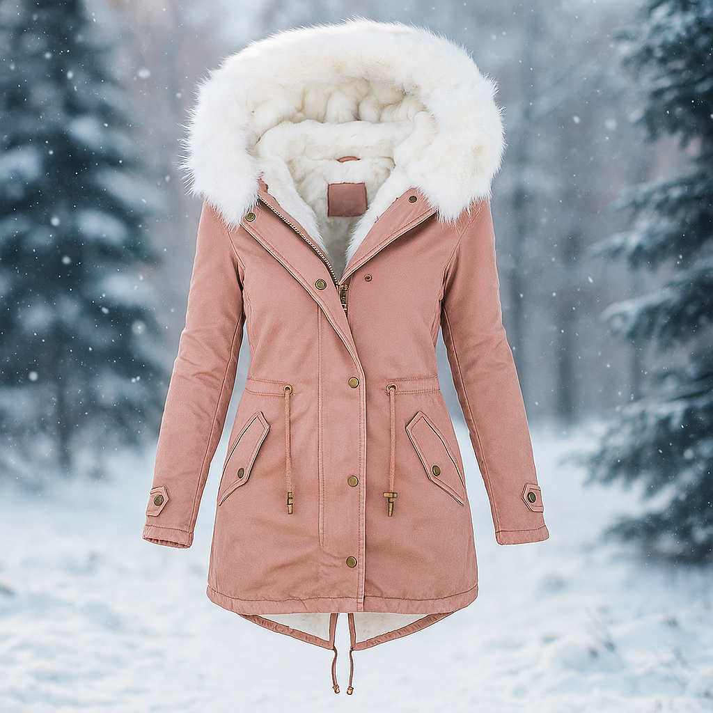 ModeGeist | Eleganter Wintermantel mit Kapuze aus Kunstfell Paula