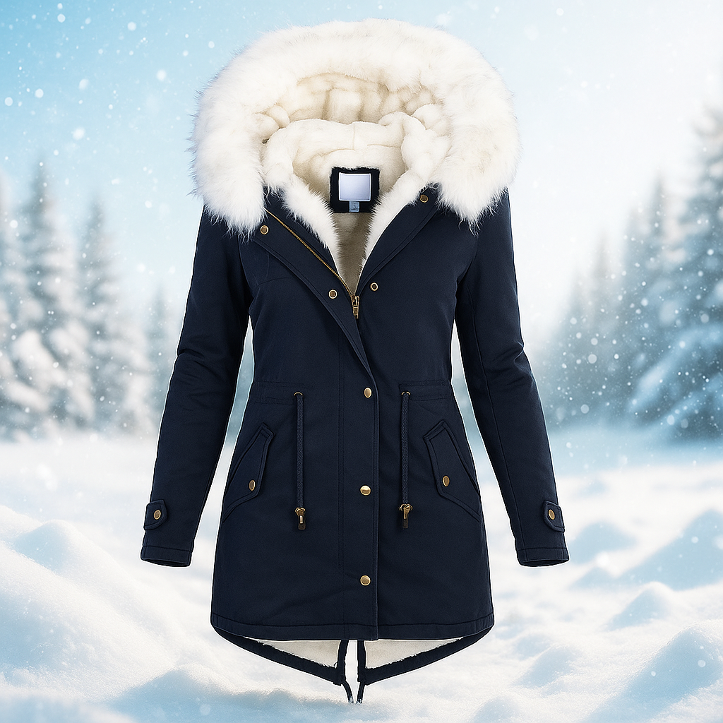 ModeGeist | Eleganter Wintermantel mit Kapuze aus Kunstfell Paula