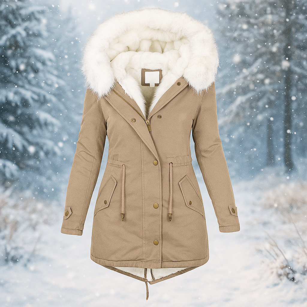 ModeGeist | Eleganter Wintermantel mit Kapuze aus Kunstfell Paula