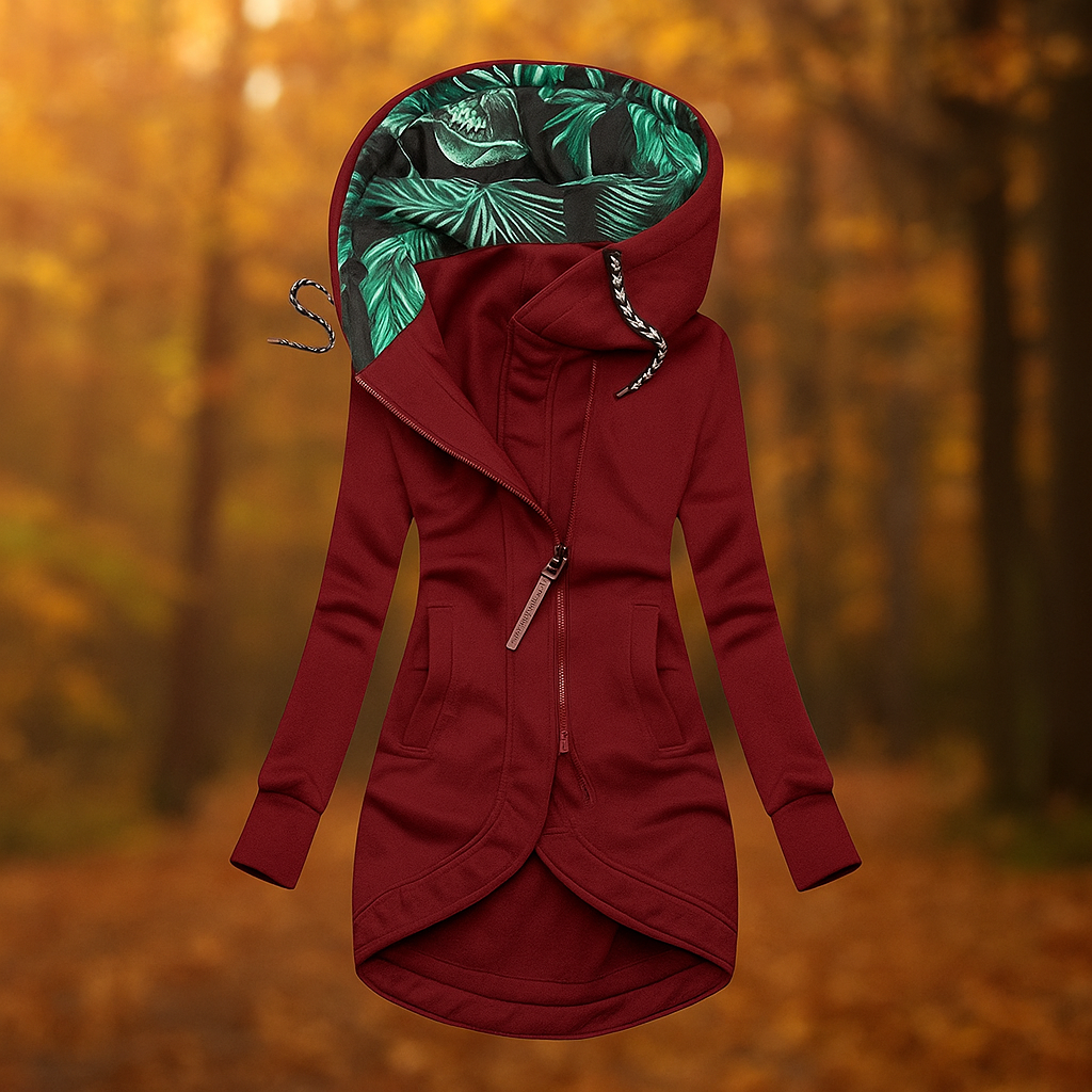 ModeGeist | Lange bedruckte Jacke mit Kapuze und asymmetrischem Design
