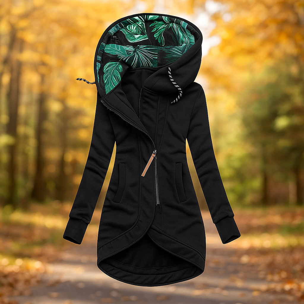 ModeGeist | Lange bedruckte Jacke mit Kapuze und asymmetrischem Design