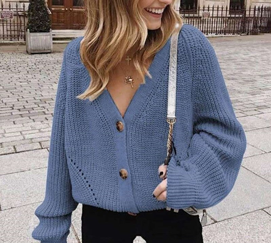 Damen Strickjacke mit tiefem V-Ausschnitt und Knöpfen ModeGeist