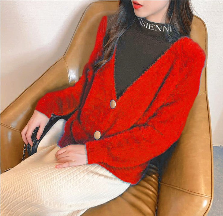 Damen Flauschige Strickjacke mit großen Knöpfen und voluminösen Ärmeln ModeGeist