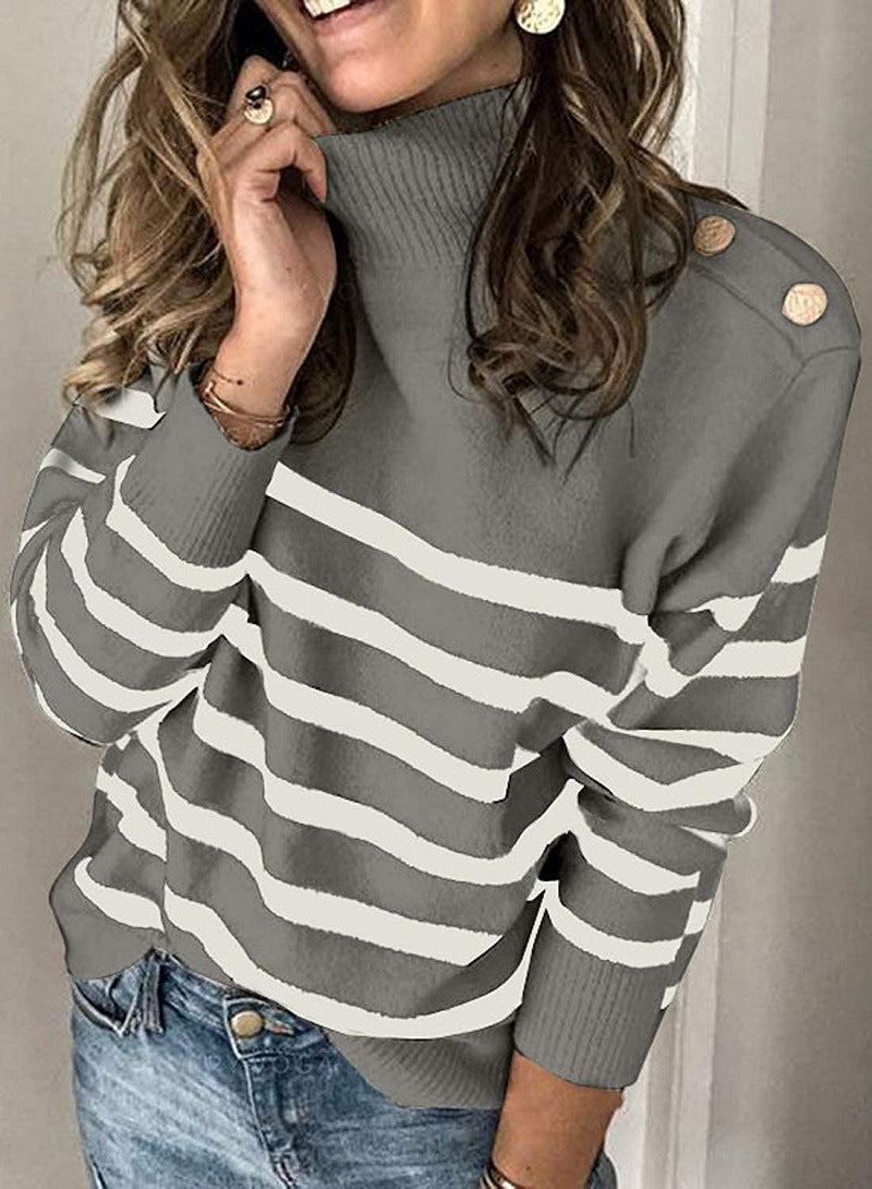 Damen Hochgeschlossen Pullover mit Streifenmuster und dekorativen Knöpfen ModeGeist
