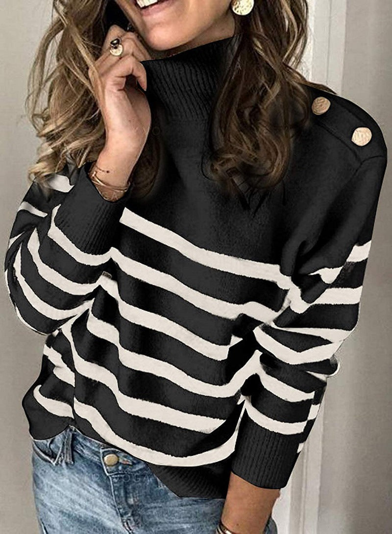 Damen Hochgeschlossen Pullover mit Streifenmuster und dekorativen Knöpfen ModeGeist