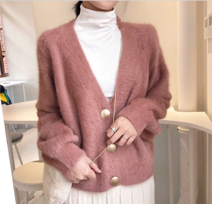 Damen Flauschige Strickjacke mit großen Knöpfen und voluminösen Ärmeln ModeGeist