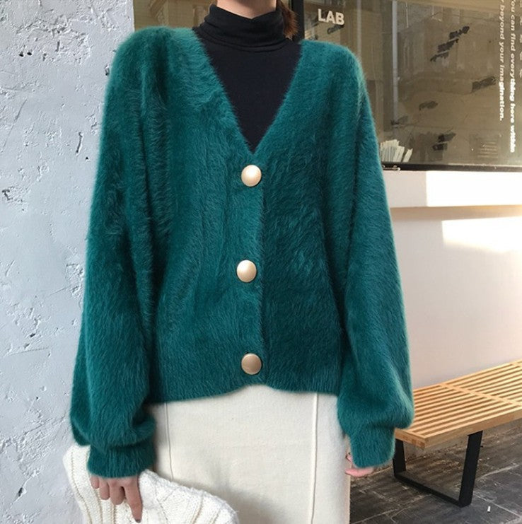 Damen Flauschige Strickjacke mit großen Knöpfen und voluminösen Ärmeln ModeGeist