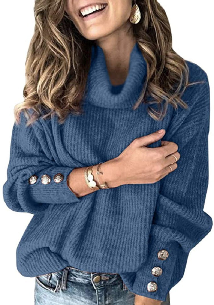 Damen Oversized Rollkragenpullover mit dekorativen Knöpfen ModeGeist