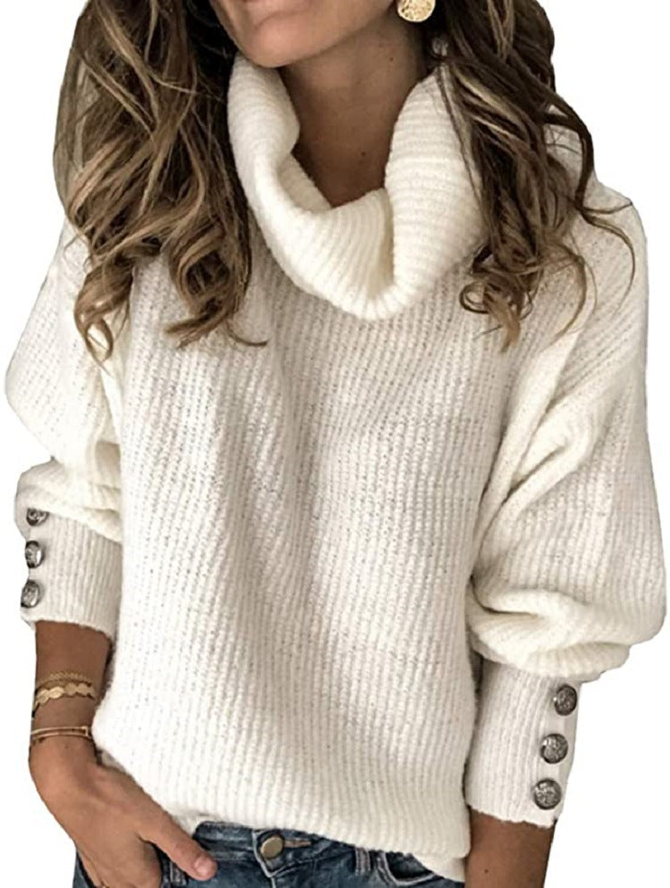 Damen Oversized Rollkragenpullover mit dekorativen Knöpfen ModeGeist