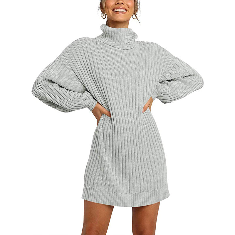 Damen Strickkleid mit hohem Kragen und weit geschnittenen Ärmeln ModeGeist