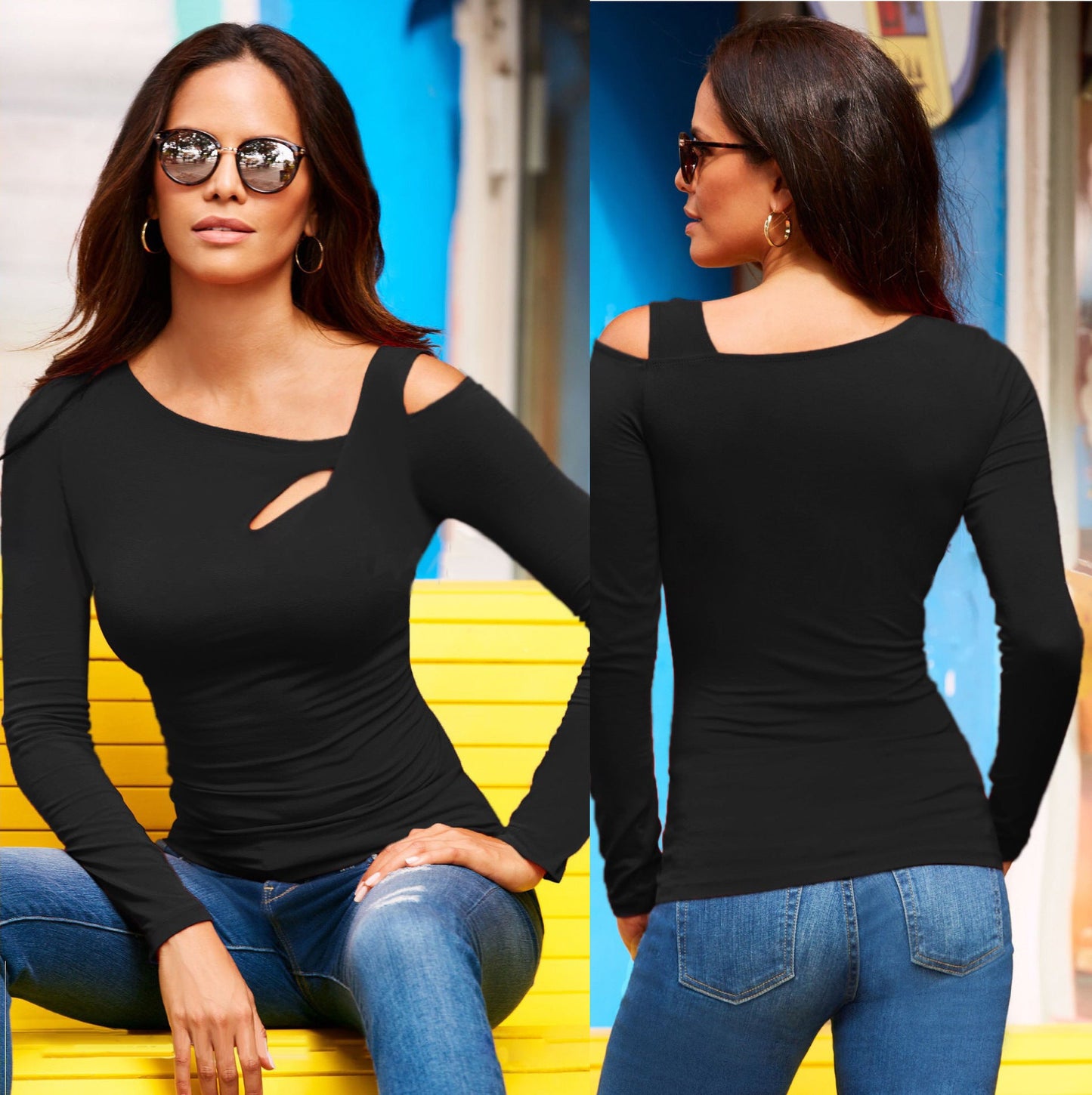 Damen Langarmshirt mit schulterfreien Details und modischem Cut-Out ModeGeist