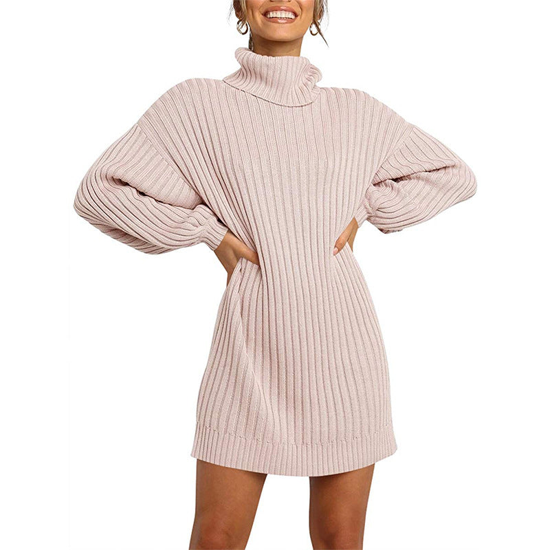 Damen Strickkleid mit hohem Kragen und weit geschnittenen Ärmeln ModeGeist
