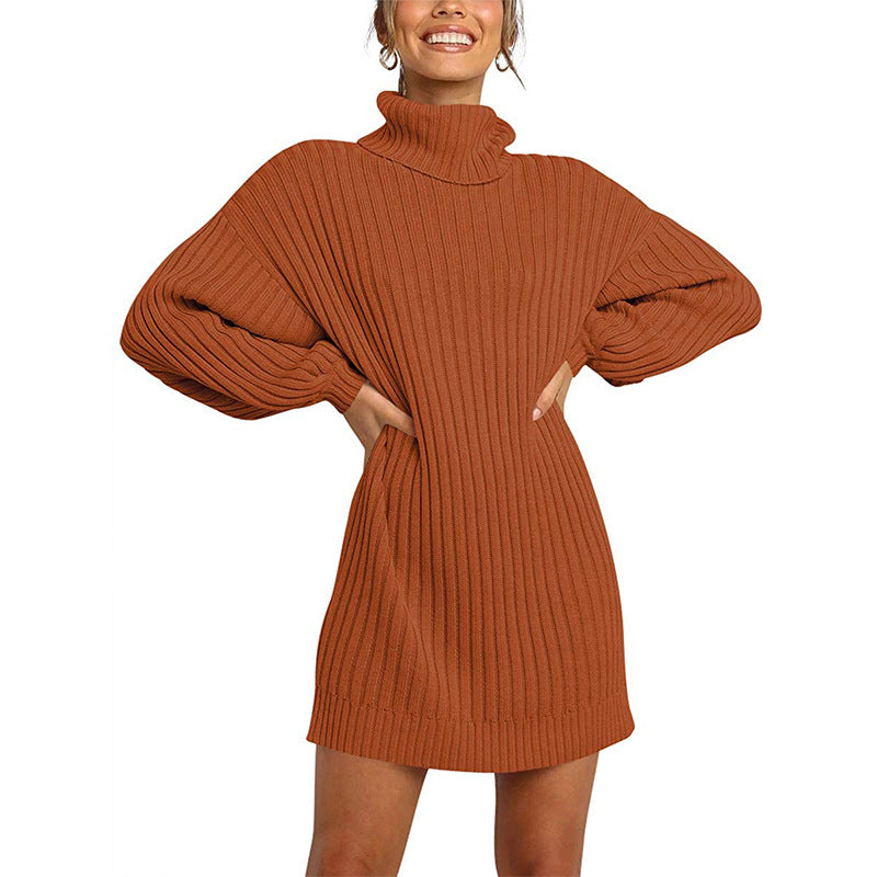 Damen Strickkleid mit hohem Kragen und weit geschnittenen Ärmeln ModeGeist