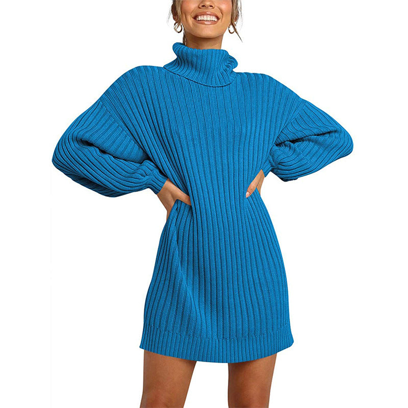 Damen Strickkleid mit hohem Kragen und weit geschnittenen Ärmeln ModeGeist