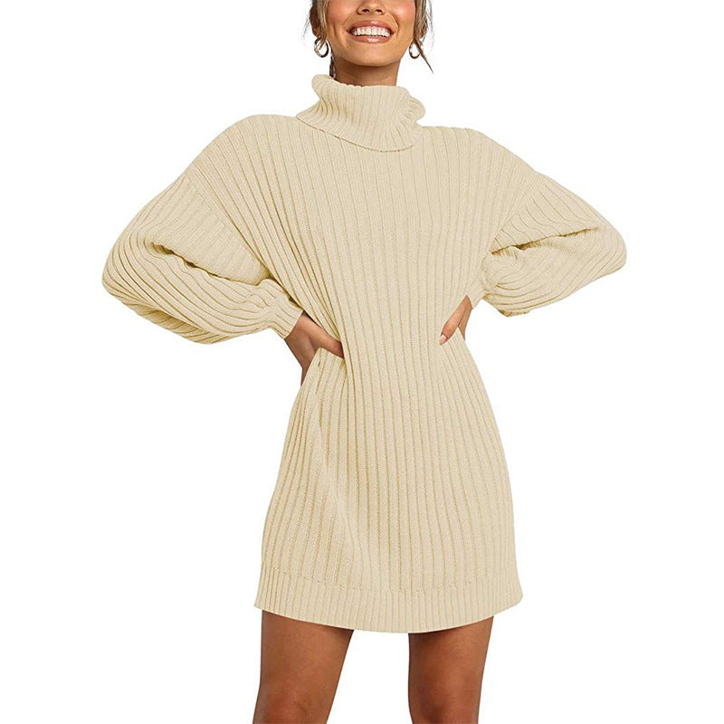 Damen Strickkleid mit hohem Kragen und weit geschnittenen Ärmeln ModeGeist