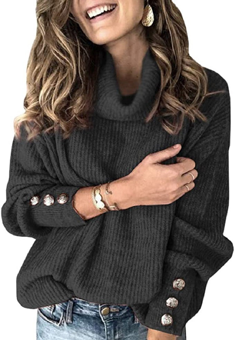 Damen Oversized Rollkragenpullover mit dekorativen Knöpfen ModeGeist