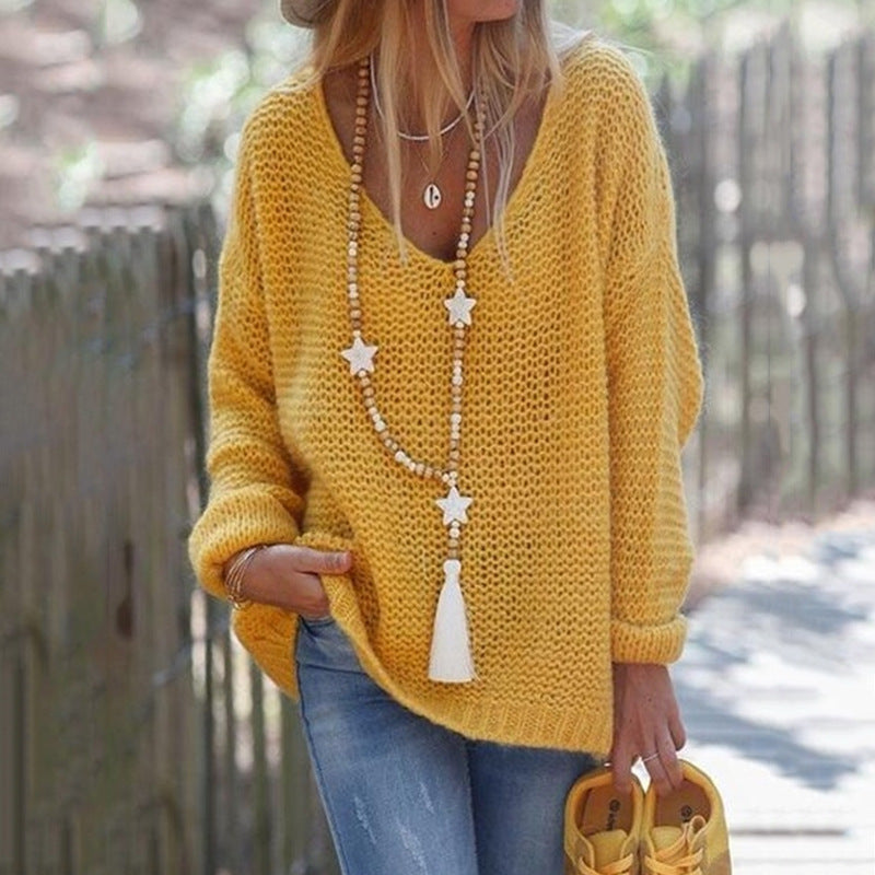 Damen lässiger Strickpullover mit tiefem V-Ausschnitt ModeGeist