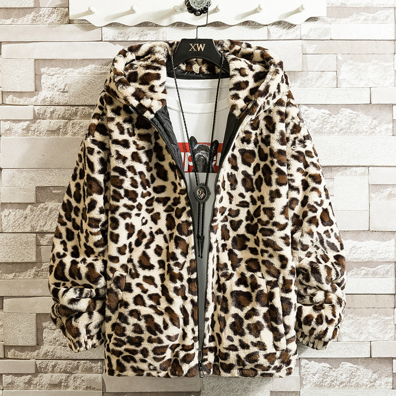 Damen kuschelige Fleecejacke mit Leopardenmuster und Kapuze ModeGeist