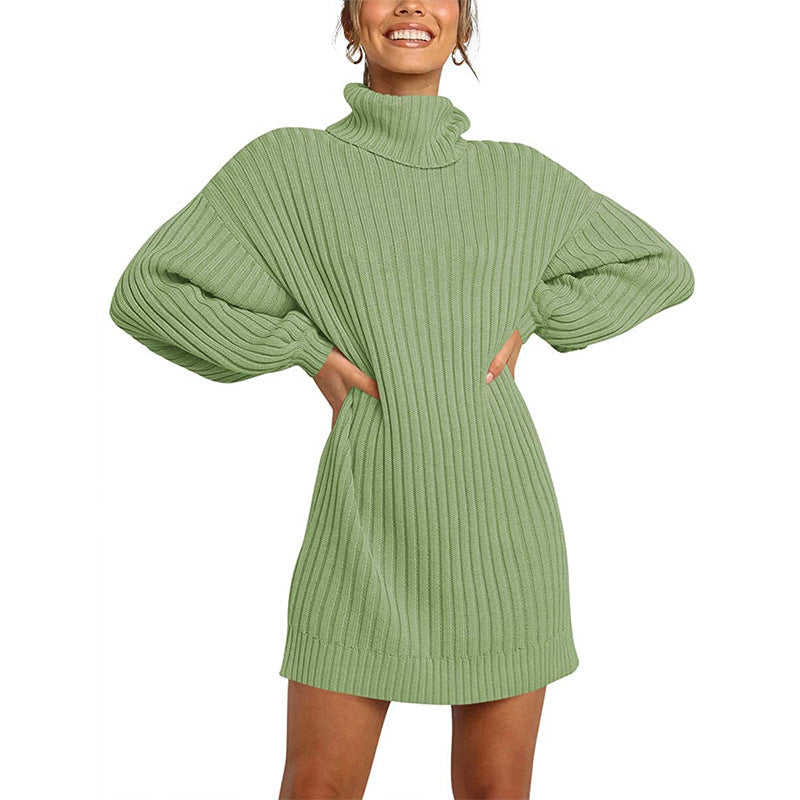 Damen Strickkleid mit hohem Kragen und weit geschnittenen Ärmeln ModeGeist