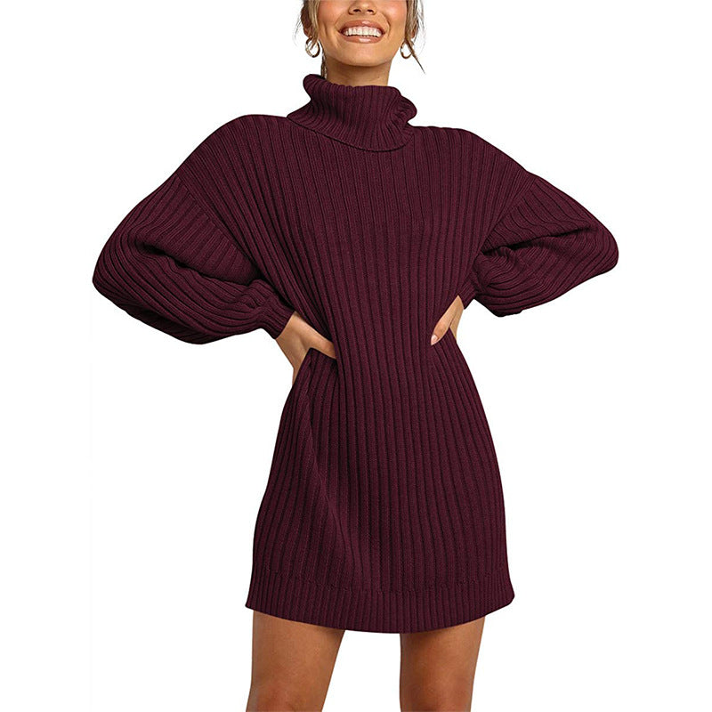 Damen Strickkleid mit hohem Kragen und weit geschnittenen Ärmeln ModeGeist