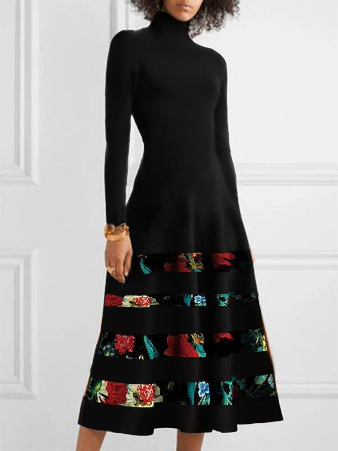 Damen Strickkleid mit hohem Kragen und floralem Saum ModeGeist