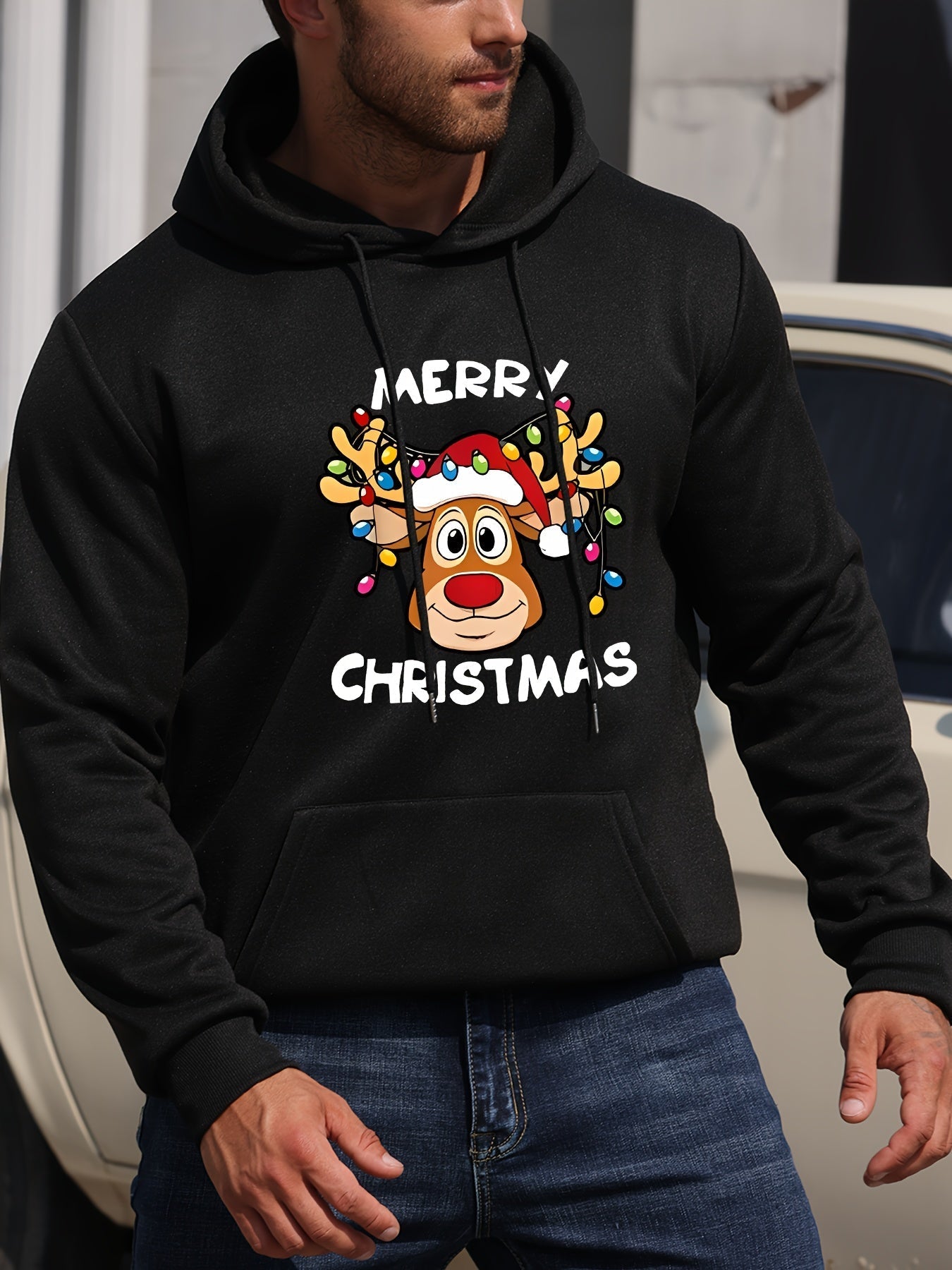 ModeGeist | Weihnachtskapuzenpullover mit Rentierdruck Polyester Frohe Weihnachten Design