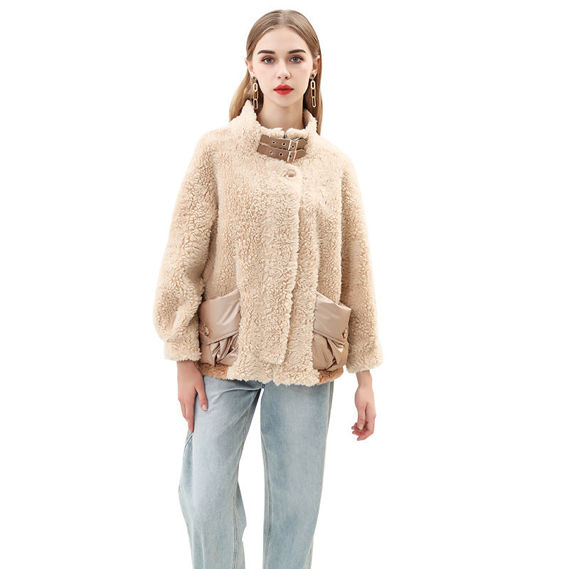 Damen kuschelige Oversize-Jacke mit dekorativen Taschen ModeGeist