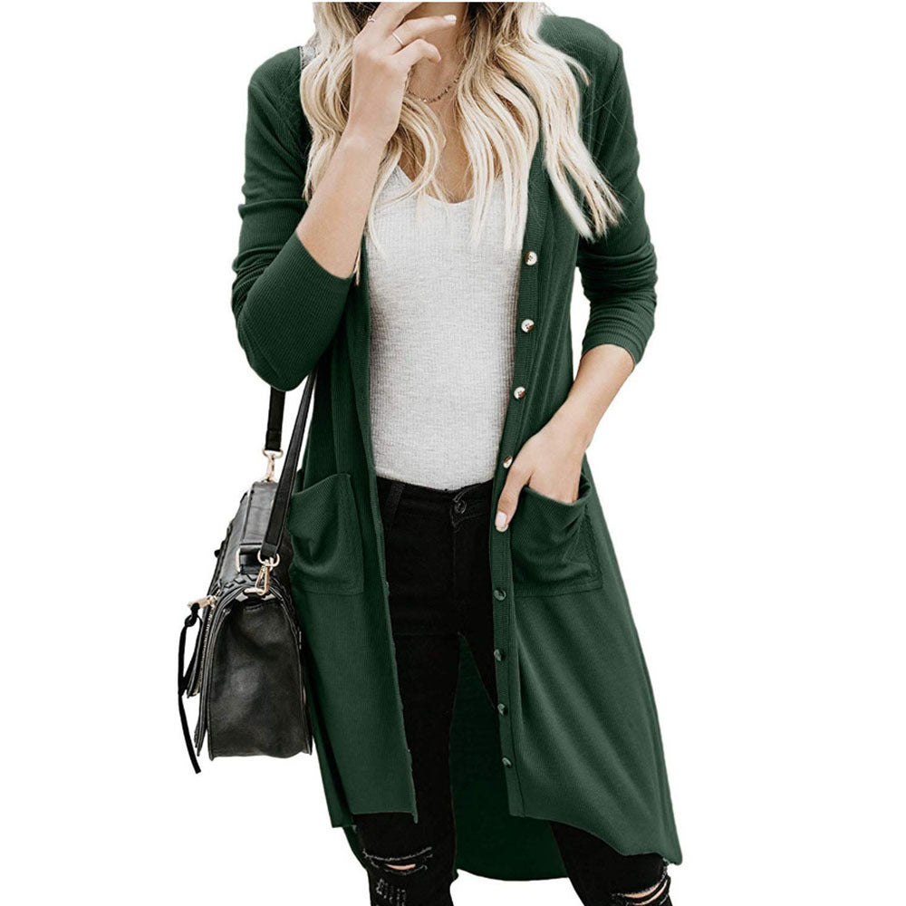 Damen Lange Strickjacke mit praktischen Taschen und Knopfleiste ModeGeist