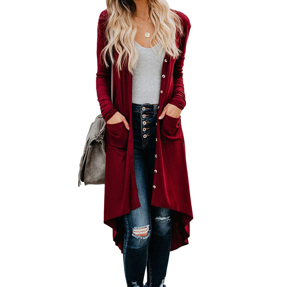 Damen Lange Strickjacke mit praktischen Taschen und Knopfleiste ModeGeist