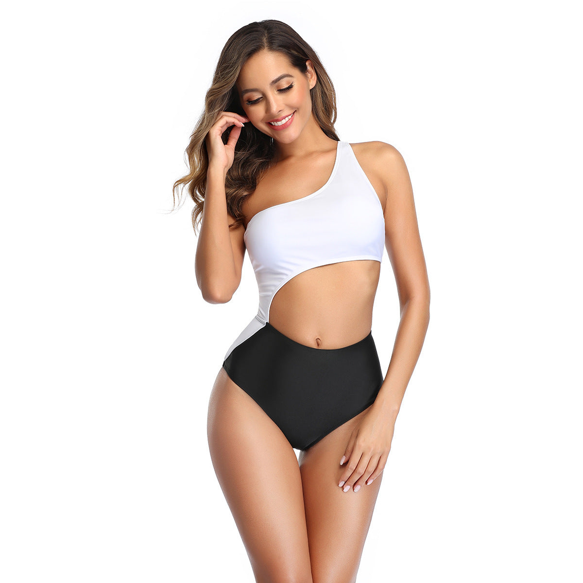 Modebewusster Badeanzug für Damen mit hohem Bund, einseitigem Cut-Out und animalischem Muster
