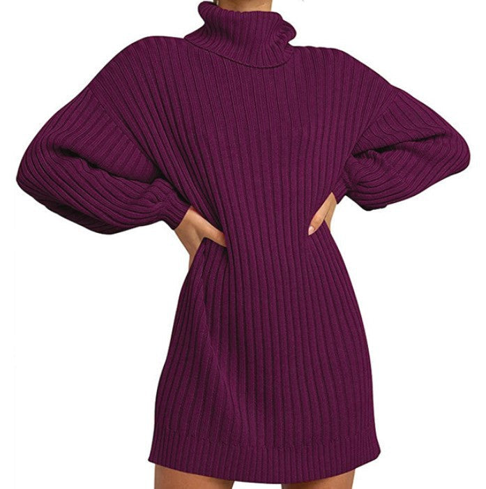 Damen Strickkleid mit hohem Kragen und weit geschnittenen Ärmeln ModeGeist