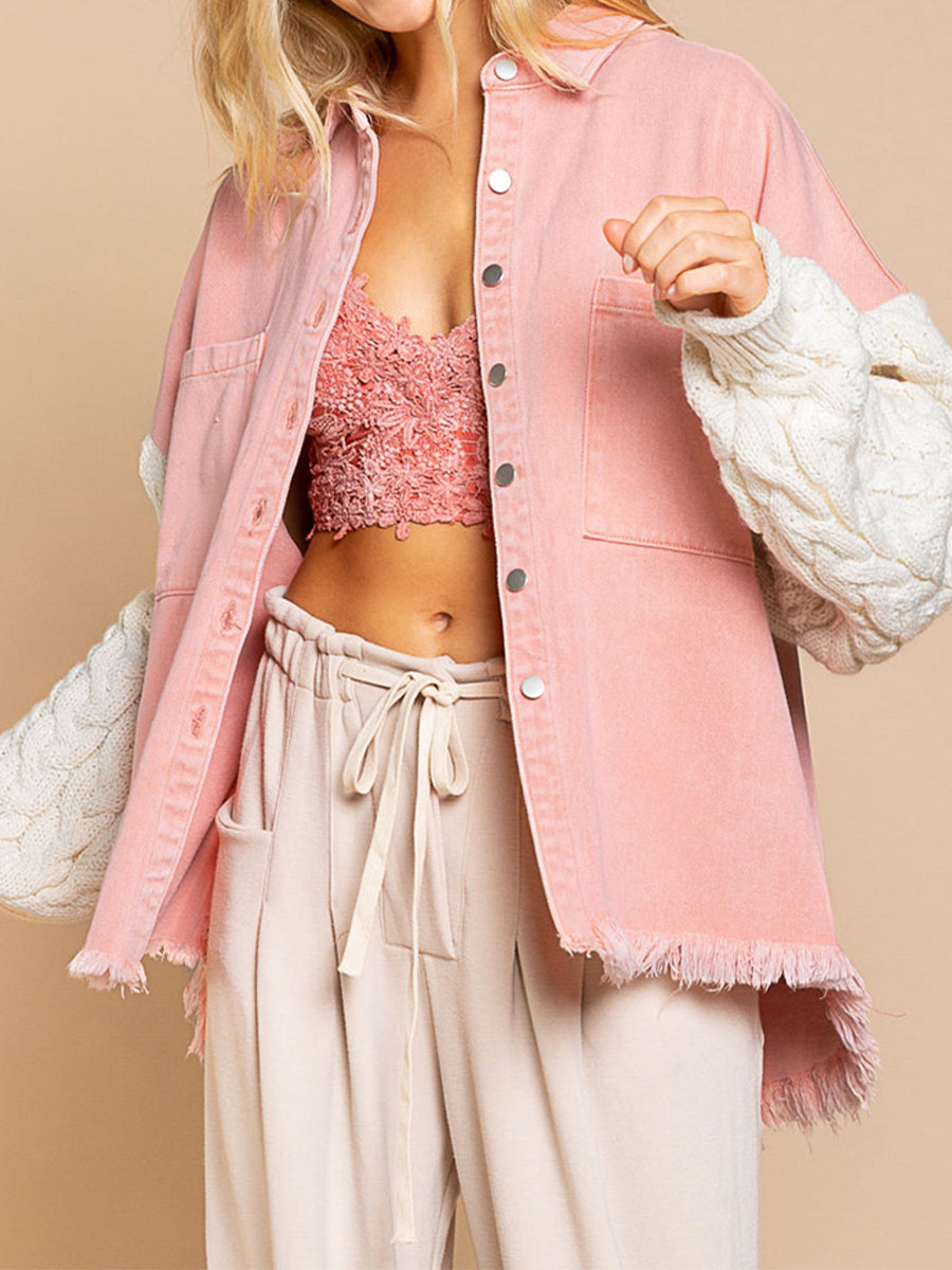 ModeGeist | Kabelstrick Raw Hem Denim Jacke