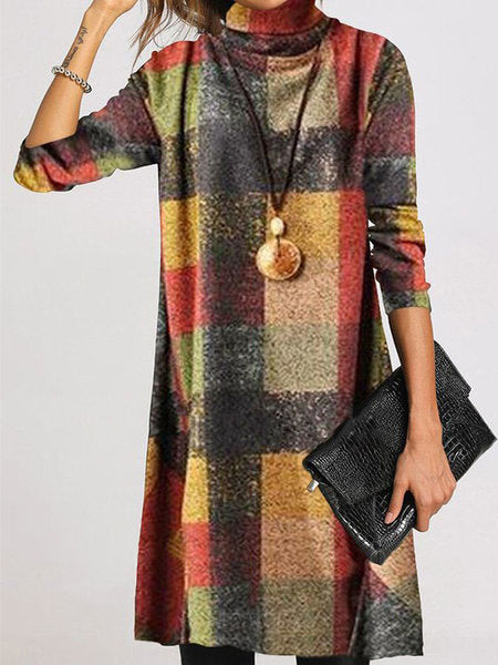 Damen trendiges Karo-Kleid mit hohem Kragen ModeGeist