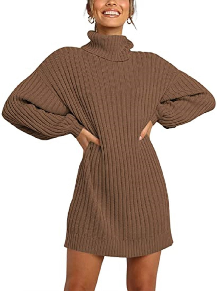 Damen Strickkleid mit hohem Kragen und weit geschnittenen Ärmeln ModeGeist