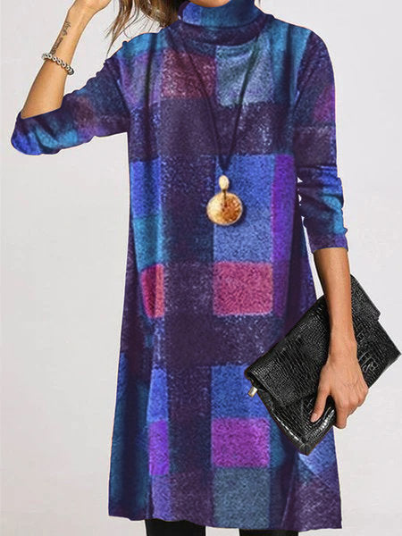 Damen trendiges Karo-Kleid mit hohem Kragen ModeGeist