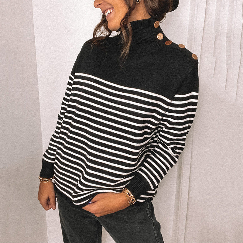 Damen Oversized Strickpullover mit Stehkragen und Knopfdetails ModeGeist