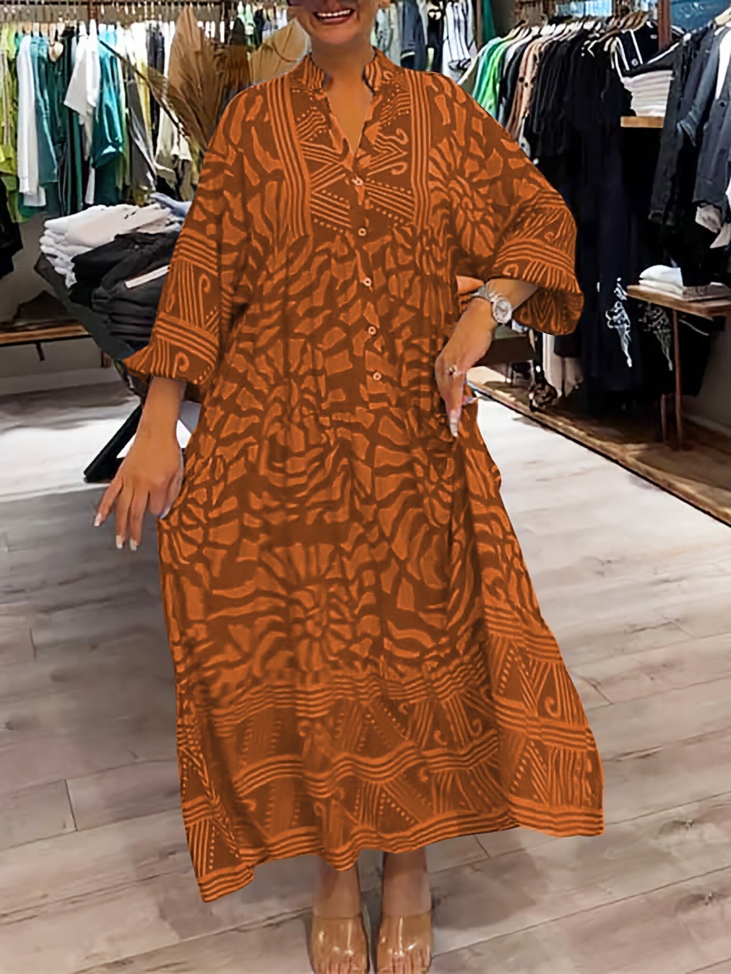 MODEGEIST Damen V-Ausschnitt Kleid Fließend Locker Taillenkontrolle
