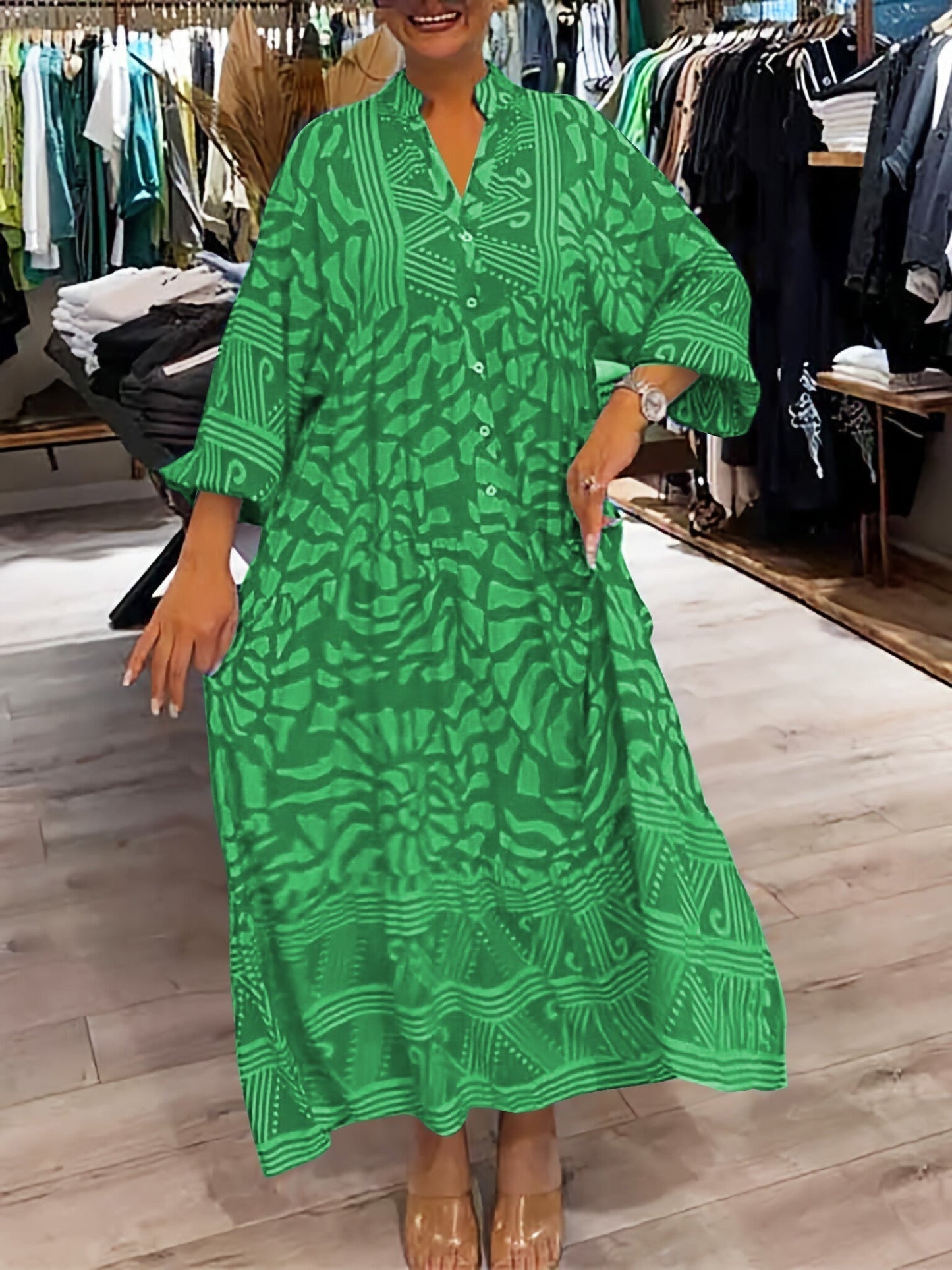 MODEGEIST Damen V-Ausschnitt Kleid Fließend Locker Taillenkontrolle