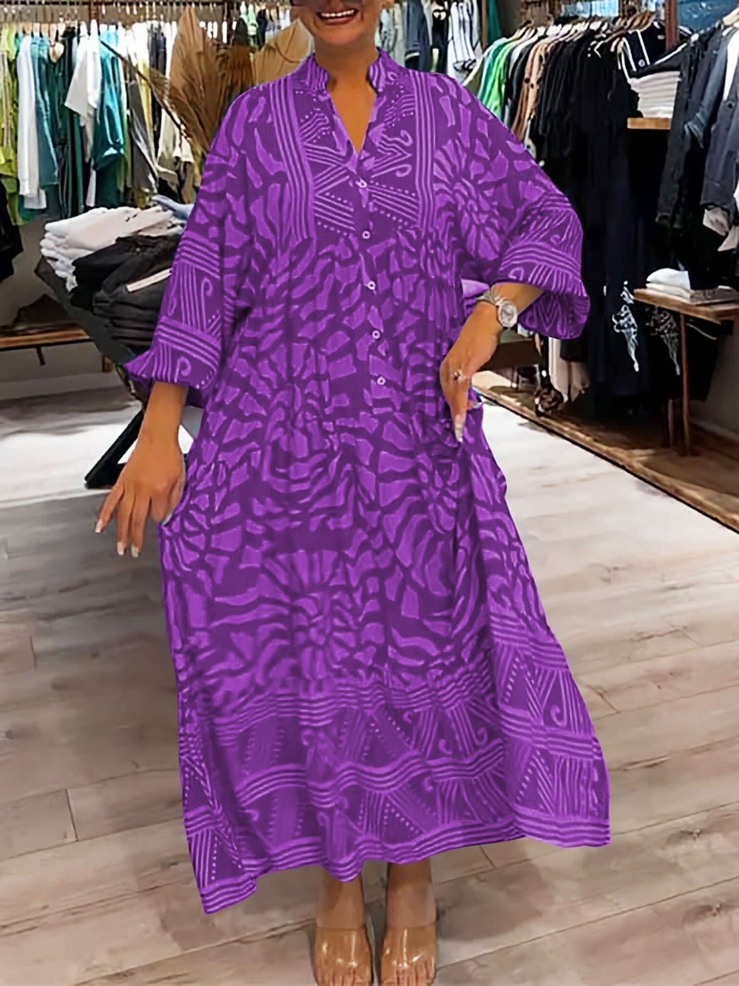 MODEGEIST Damen V-Ausschnitt Kleid Fließend Locker Taillenkontrolle