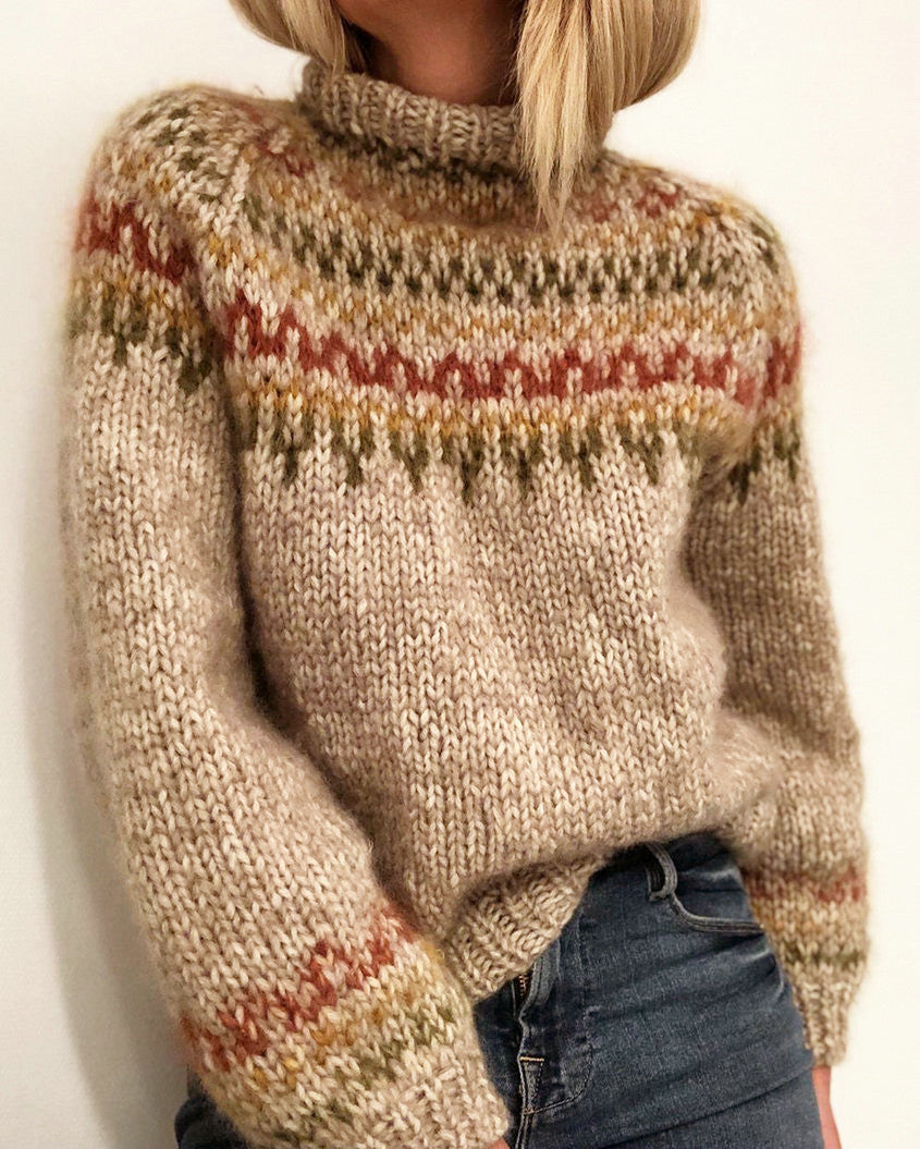 Damen Grober Strickpullover mit hohem Kragen und einzigartigem Muster ModeGeist