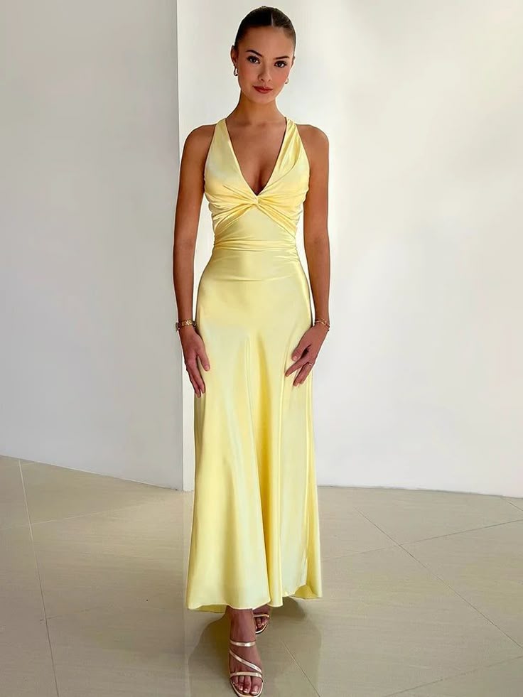 MODEGEIST Damen Maxi-Kleid V-Ausschnitt Schleifendetail