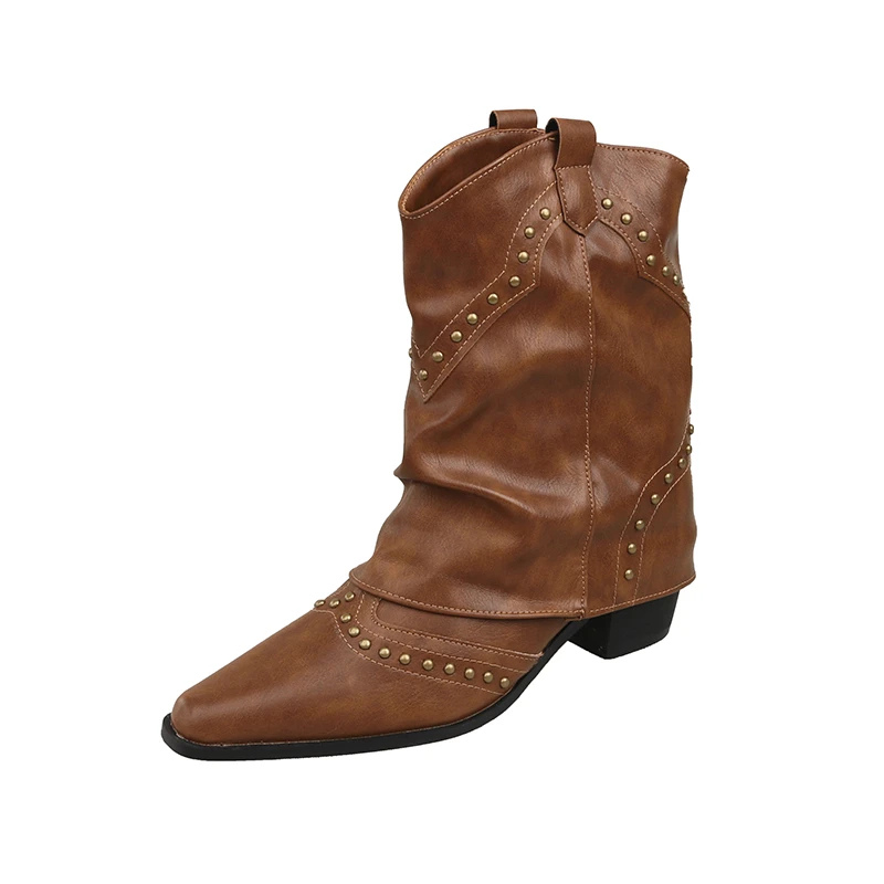 MODEGEIST Damen Western-Stiefel mit Nieten-Details und Mittelhohem Absatz