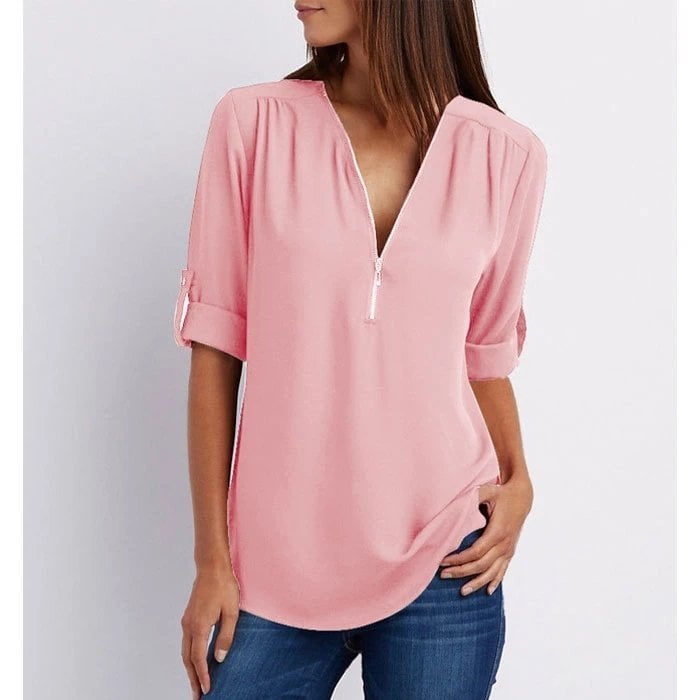 MODEGEIST Damen Bluse V-Ausschnitt Reißverschluss rosa