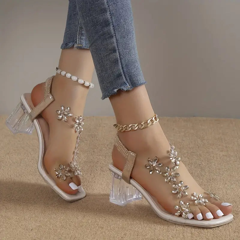 MODEGEIST Damen Block Heel Sandalen Strass Blumen silber