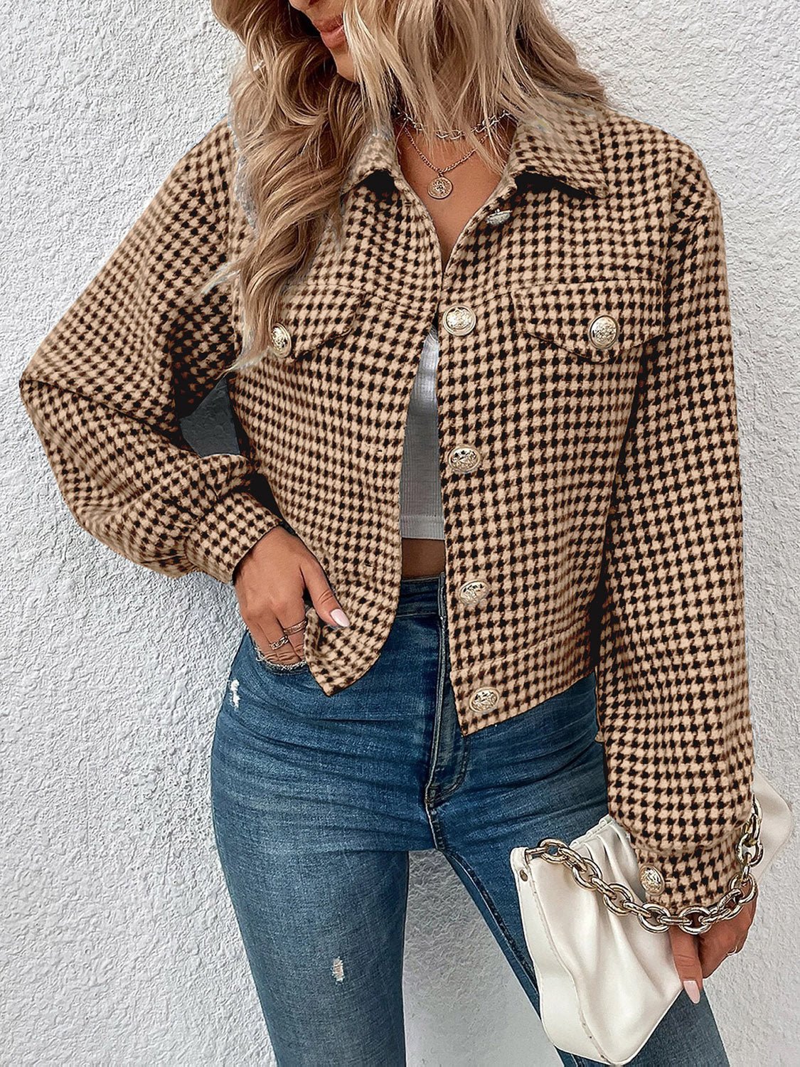 ModeGeist | Kurze Jacke mit Hahnentritt-muster Knopfverschluss Schick und Klassischer Stil