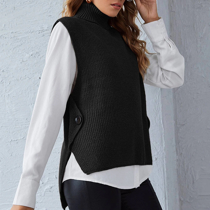 Damen ärmellose Strickjacke mit hohem Kragen und Knopfdetails ModeGeist